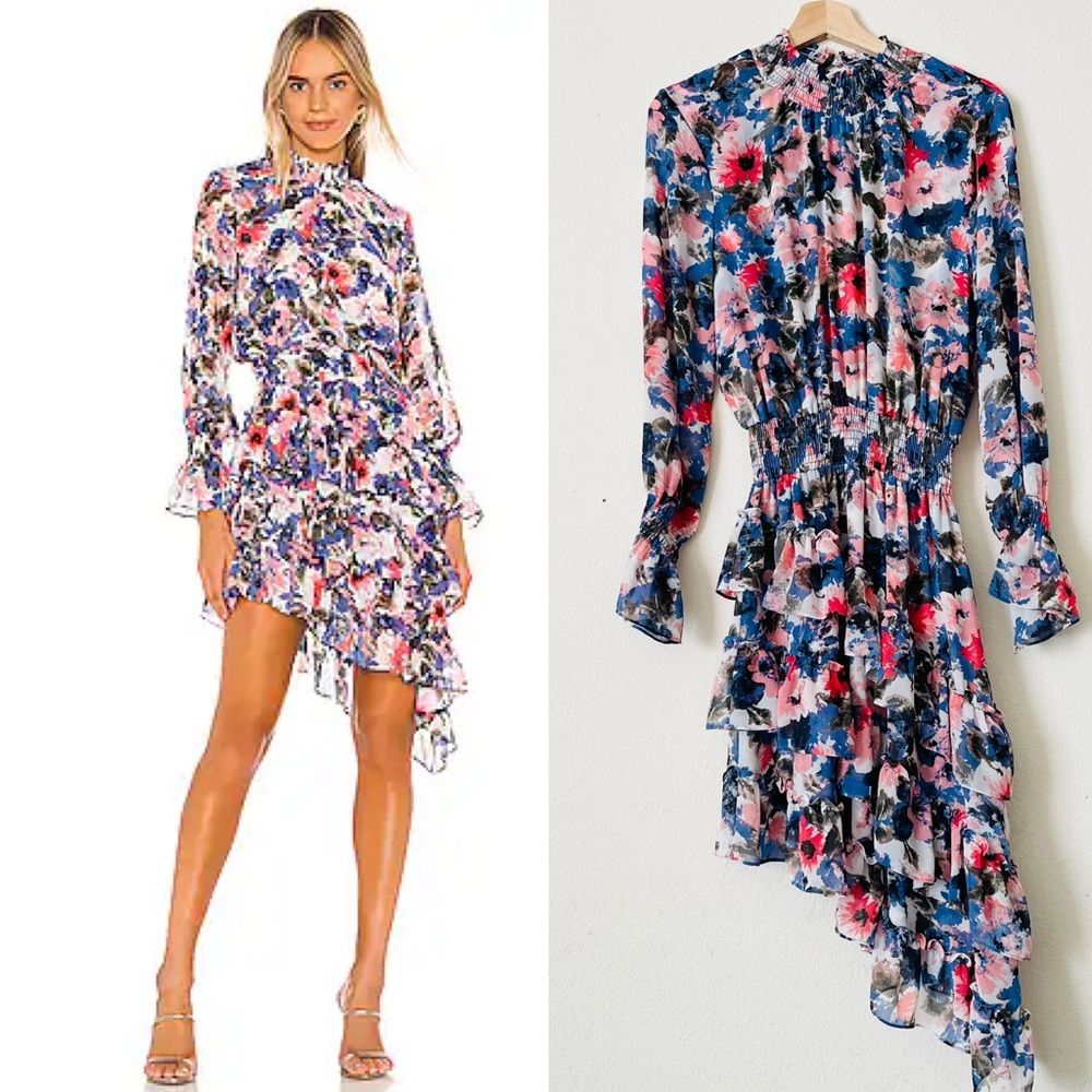 MISA x Revolve LARGE Savannah tie dye floral asymmetrical hem long sleeve dress